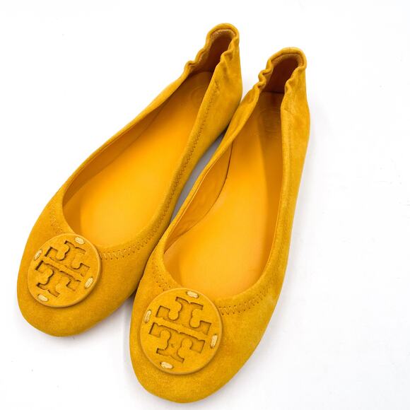 Tory Burch Minnie Travel Ballet Flats Gold Crest Suede Leather Logo Yellow Sz 7 - Picture 3 of 10